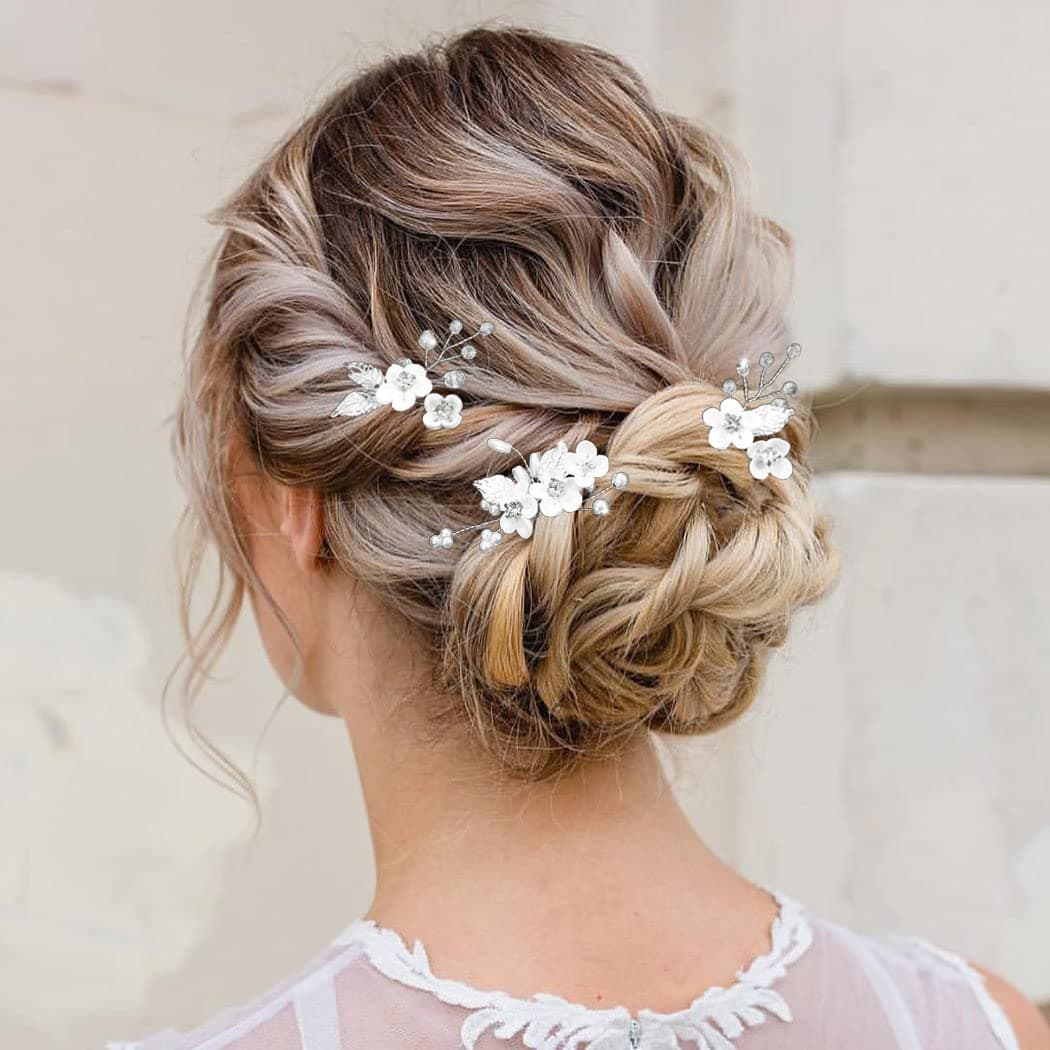 Unicra Silver Flower Bride Wedding Hair Pins Leaf Bridal Headpiece Pearl Rhinestone Bridesmaids Hair Accessories for Women and GirlsPack of 3
