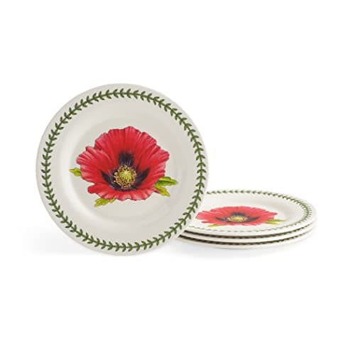 Portmeirion Botanic Garden 8" Salad Plates (Set of 4) - Poppy Motif, Durable Melamine & BPA-Free, Dishwasher Safe Dinnerware for Indoor & Outdoor Dining - Stackable Artistic Plates
