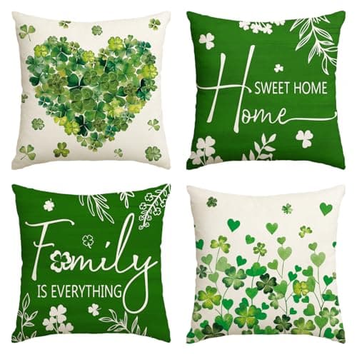 AVOIN colorlife ST Patricks Day Home Sweet Home Clovers Heart Throw Pillow Covers 18 x 18 Inch Family is Everything Shamrock Decoration for Sofa Couch Set of 4