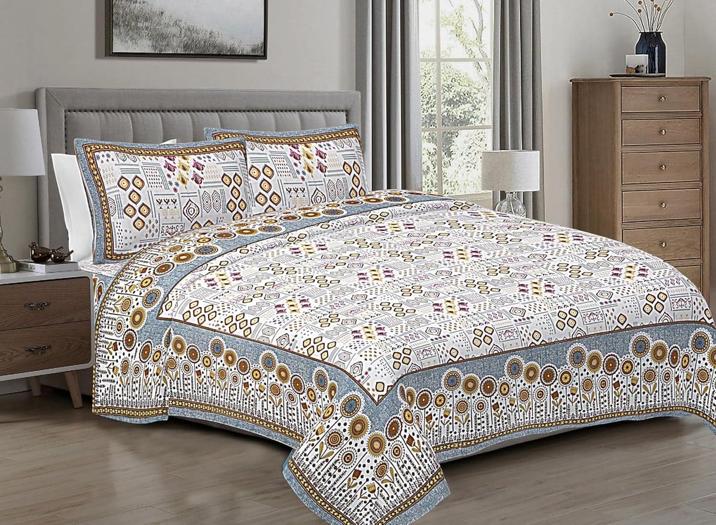 Xtore Jaipuri Round Flowers Motif Design Printed 100% Cotton for King Size Double Bed with 2 Pillow Covers (100 X 108 Inches, Multicolor)