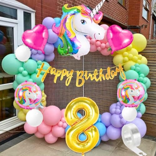 Flyloons Unicorn theme 8th birthday decorations Kit for Girls Boys Kids for 8 Year with Unicorn Foil Heart Foil Pink Purple Yellow Mint Orange Blue Pastel White Metallic Balloons Happy Banner