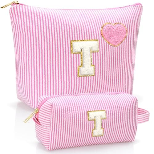 YILANCOL Initial Makeup Bag Personalized Preppy Cosmetic Bag Trendy Toiletry Travel Bag For Teen Girls Kids Women Letter Makeup Pouch Purse Holiday Gifts Birthday Gifts 2pack T Pink