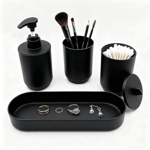 LGURT-4-piece Bathroom Accessories Set, with Toothbrush Holder, Lotion soap Dispenser, Qtip Holder Dispenser and Vanity Tray, Bathroom Counter top Vanity (Matte Black)