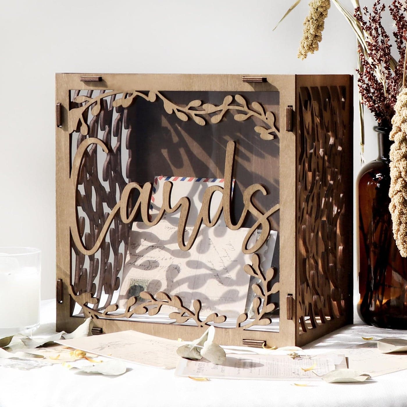 OurWarm Wedding Card Box with Window Brown Wooden Box Wedding Decorations for Reception Money Index Card Box for Weddings Bridal Shower Rustic Weddings Decor Party Decorations
