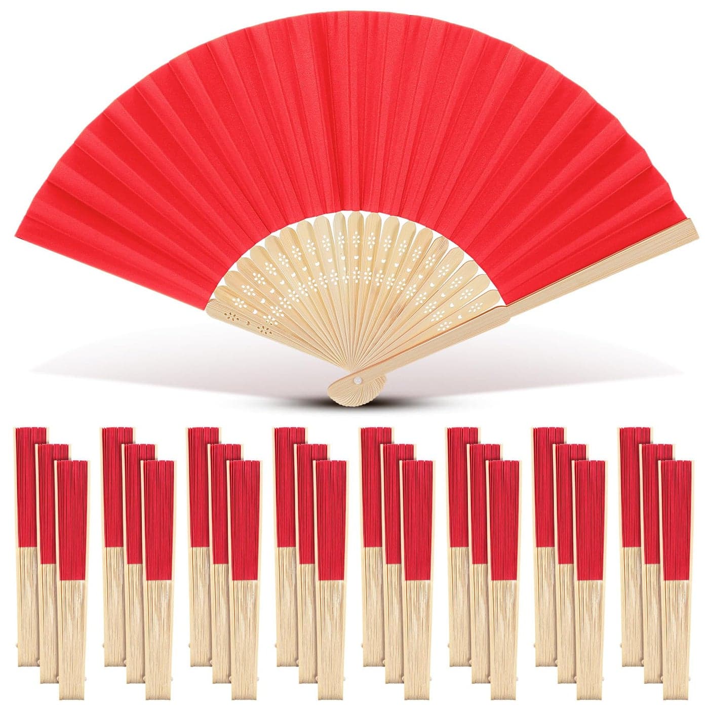 Yinkin 24 Pack Folding Fans Bamboo Handheld Folded Craft Hand Japanese Chinese Fans for Weddings Bridal Dancing Church DIY Decoration Women Kids Gift Party Favors Red