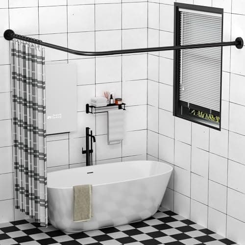 SIKAIQI Stretchable 304 Stainless L Shaped Bathroom Bathtub Corner Shower Curtain Rod Rack Black 2469 x 2485 Maximum size 114 Drill Free Install for BathroomClothing StorePrivate space