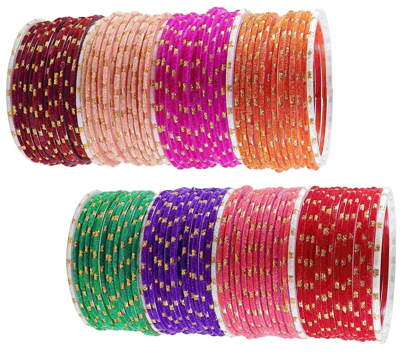NMII Glass with Velvet worked and Polka Dots Glossy Finished Bangle Set For Women and Girls, (MultiColour2_2.4 Inches), Pack Of 106 Bangle Set