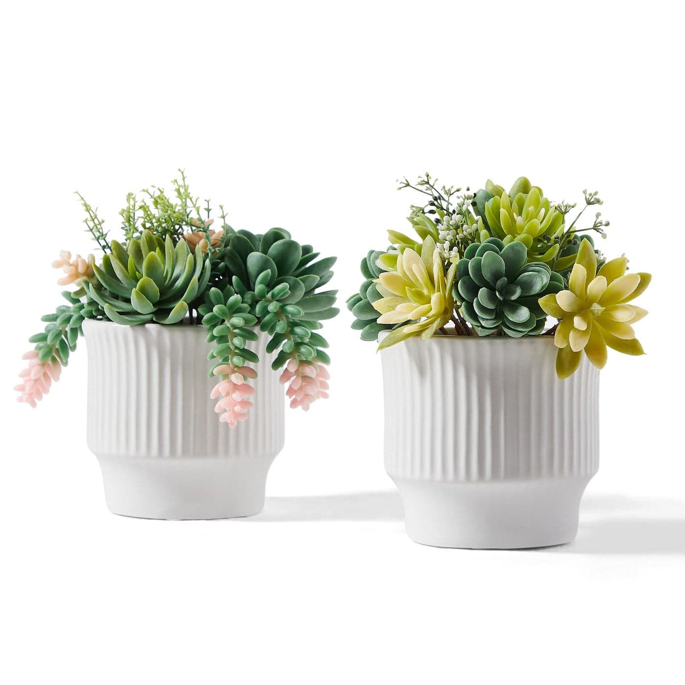 ASTRIDIA Artificial Succulent Plants Faux Assorted Succulents Fake Plants in White Ceramic Pots for Home Decor Bedroom Office Desk Living Room Set of 2