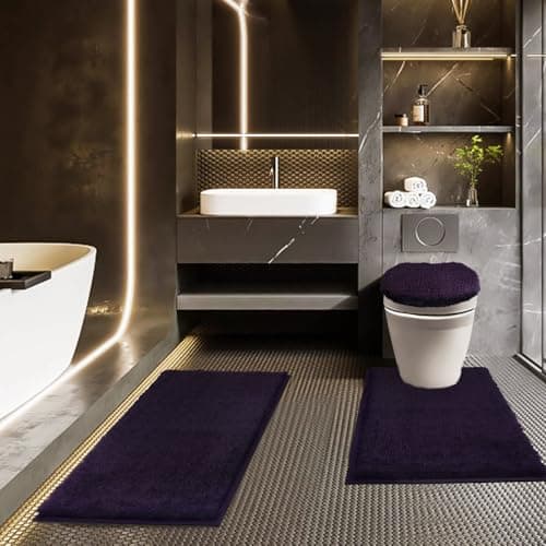 Baahrnom Bathroom Rugs Sets 3 Piece with Adjustable Toilet Seat Cover 17.5"x 15" Machine Washable Bath Rug Set with TPR Non Slip Rubber Backing Solid Bath Mat Set for Luxury Bathroom Decoration