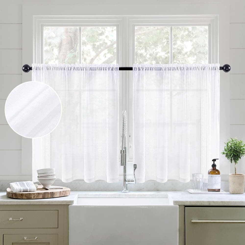 MIULEE White Sheer Kitchen Curtains 36 Inch Length Linen Textured Half Window Curtains for Bathroom Cafe Rod Pocket Short Curtain Tiers Light Filtering Drapes 2 Panels 29 x 36 Inches Long