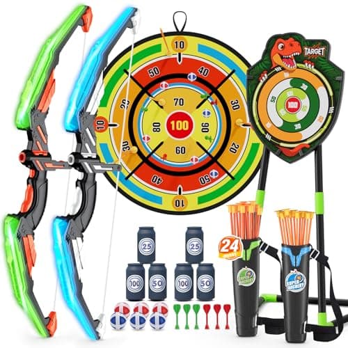 HYES 2 Pack Kids Bow and Arrow with 29 Large Dart Board LED Light Up Archery Set with 24 Suction Cup Arrows Indoor Outdoor Sport Toys Gifts for 3 4 5 6 7 8 9 10 11 12 Year Old Boys Girls