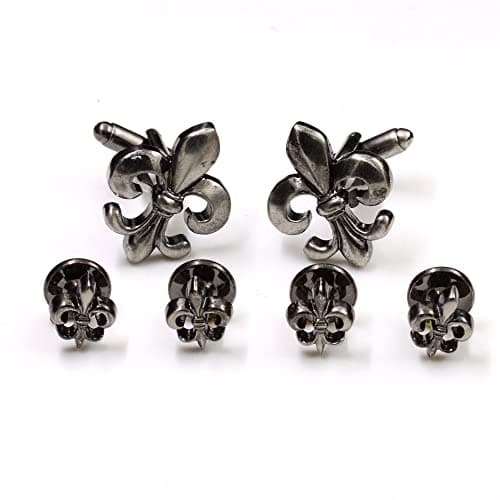 Fleur De Lis Tuxedo Cufflinks and Studs in Antique Silver Tuxedo Formal Set Fleur De Lys New Orleans Louisiana Wedding Groomsmen Groom with Travel Presentation Gift Box