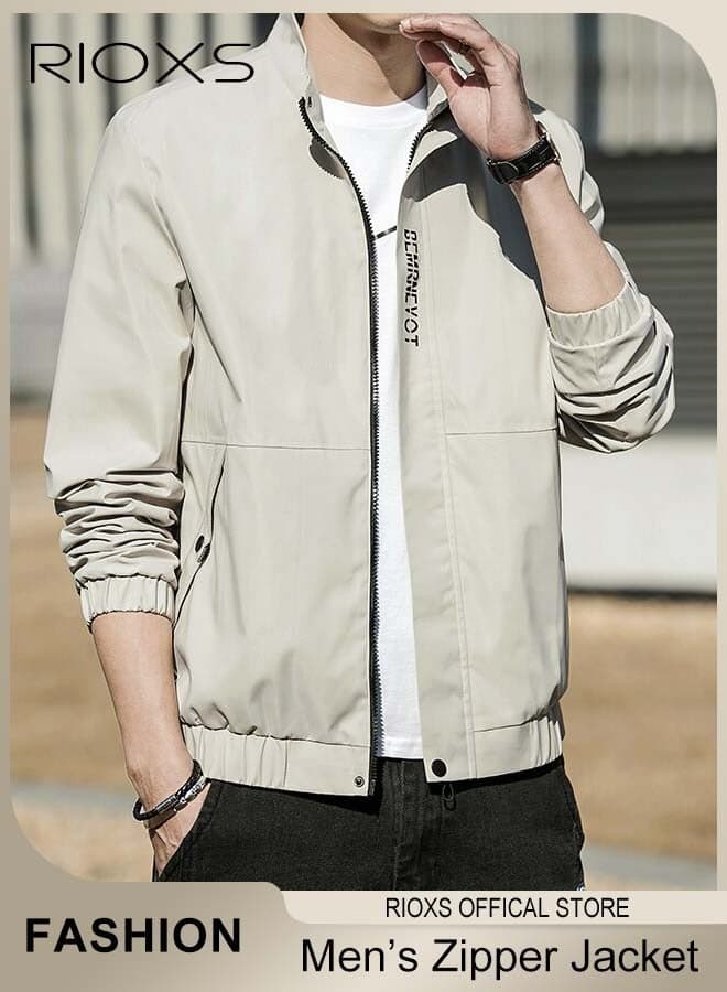 Men's Bomber Jacket, Lightweight Zip Up Windbreaker Jackets, Waterproof Windproof Slim Fit Outdoor Jacket Coat with Pocket, Trendy Lined Stand Collar Full Zipper Jacket, Spring Fall Casual Jackets Outerwear for Casual, Work, Running, Cycling, Hiking, Fishing and More, Beige
