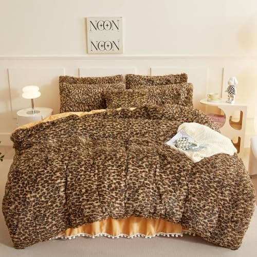 HAIHUA Fluffy Cheetah Print Comforter Cover Twin Set, Fuzzy Leopard Twin Bedding Set 2 Pieces (1 Plush Duvet Cover + 1 Furry Plush Pillow Cases) Cheetah Shaggy Bed Set, Zipper Closure