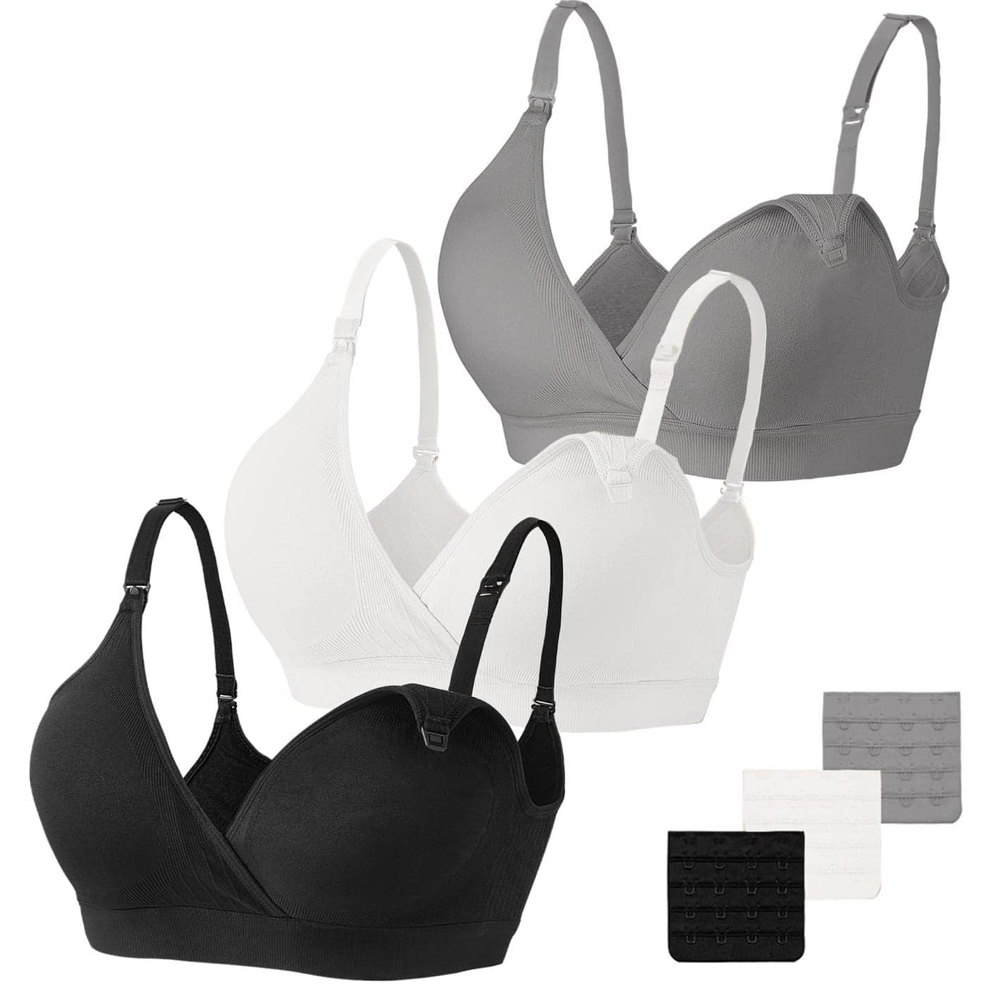Vinfact 3 Pack Nursing Bras for Breastfeeding Seamless V Neck Maternity Bra Women Pregnancy Breastfeeding Bra - L,Black/Grey/White