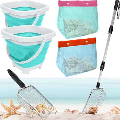 Fasouna 6 Pack Shelling Tools for Beach Include Seashell Bag Shark Tooth Sifter Shovel Sand ScoopCollapsible Beach Bucket Shell Scooper with Extra Long Adjustable Handle Beach Game Toys