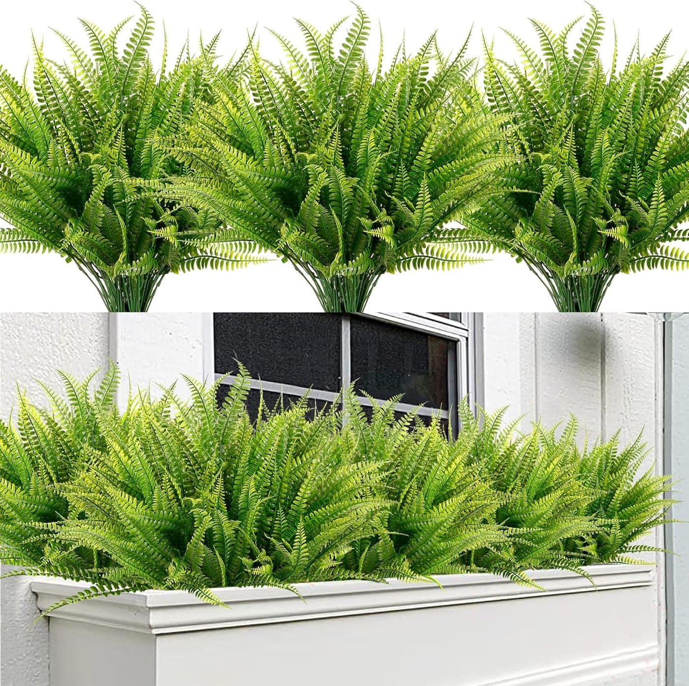 Sggvecsy 12 Bundles Artificial Boston Fern Plants Fake Boston Ferns Bushes Artificial Shrubs Outdoor Greenery UV Resistant Plants Faux Plastic Plants for Home Garden Indoor Outdoor DecorGreen