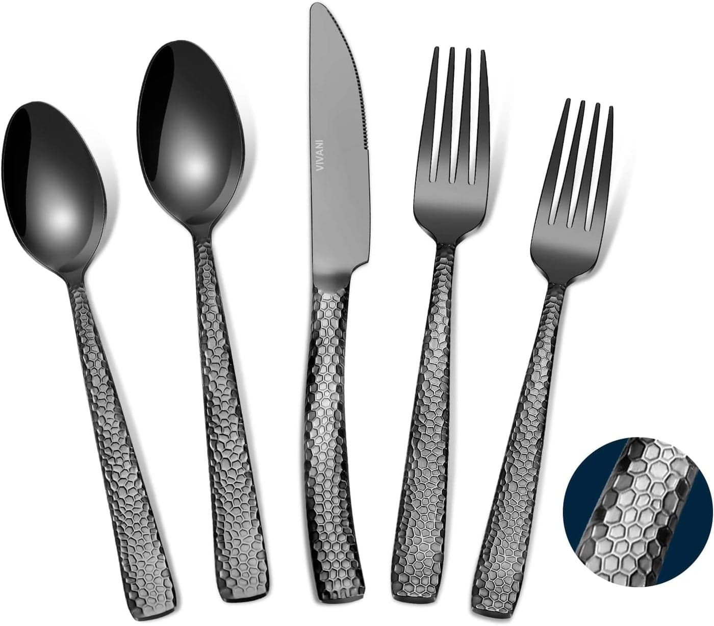 Theoson 20Piece Black Heavy Silverware for 4 Thicken Stainless Steel Utensils Hammered Cutlery Flatware Set for Kitchen Dishwasher Safe