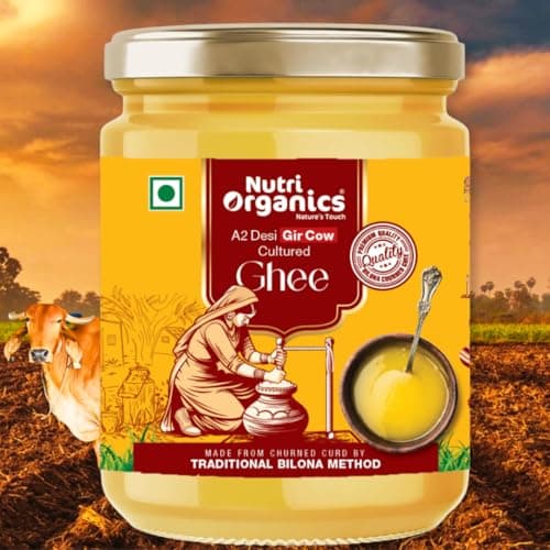 NutriOrganics Pure Desi A2 Cow Ghee 1 Litre | Bilona Curd Churned | Grass Fed Gir Cows | Glass Jar | Pure Aroma, Natural & Healthy Danedar Ghee| Lab Tested