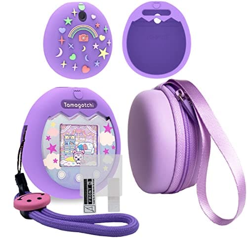 JCHPINE Hard Carrying Case and Silicone Cover Compatible with Tamagotchi Pix Interactive Virtual Pet Game Machine Screen Film Protector for Tamagotchi Pix Accessories Purple