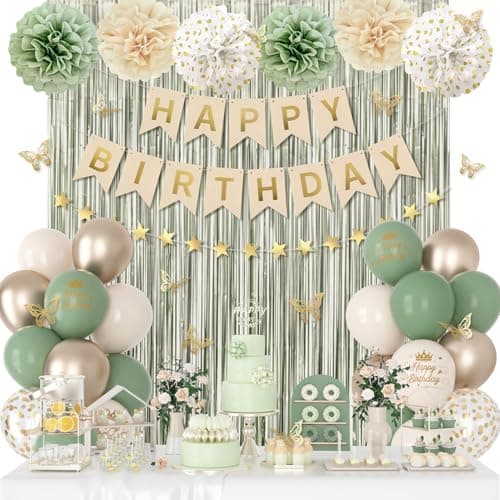 Sage Green Birthday Decorations for Women Girls Green Sand Gold Confetti Metallic Printed Balloons Butterfly Stickers Fringe Curtain Happy Birthday Banner Star Garland Paper Pompoms Party Supplies