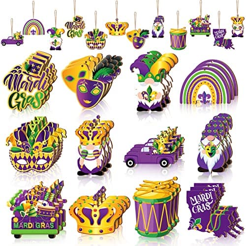 36 Pcs Mardi Gras Wooden Hanging Ornaments Purple Green Yellow Wooden Crown Mask Ornaments Rustic Hanging Gnome Ornaments for Mardi Gras Decoration Farmhouse Craft Party Supplies
