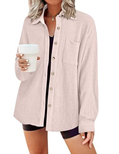 HOTOUCH Waffle Tops for Women Button Down Shacket Long Sleeve Trendy Collared Neck Shirt with Pocket Light Khaki XL