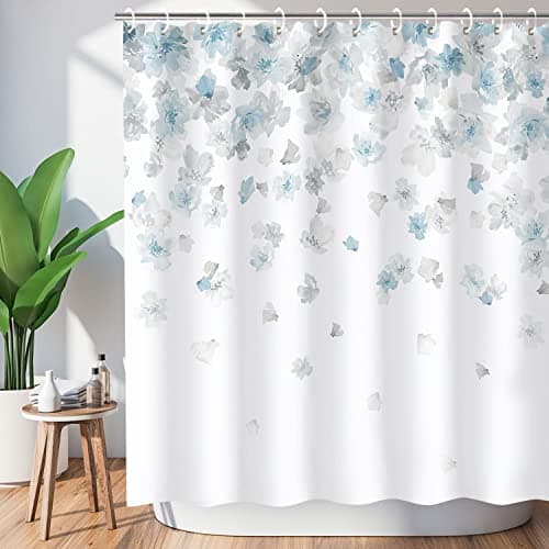 LIVILAN Floral Shower Curtain, Blue and Gray, Weeping Flower with 12 Hooks, Light Blue Simple for Bathroom, Light Grey Waterproof Decorative, 72" W x 72" H