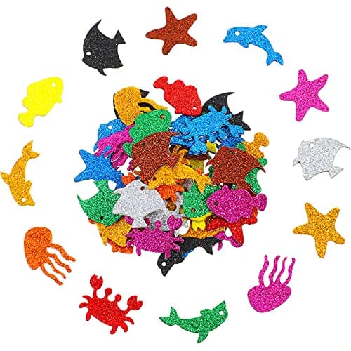 Clabby 200 Pieces Glitter Sea Animal Foam Stickers Colorful Ocean Fish Self Adhesive Creature Stickers Bulk for Arts Crafts Ocean Theme Party Favors Decoration Home DIY Supplies