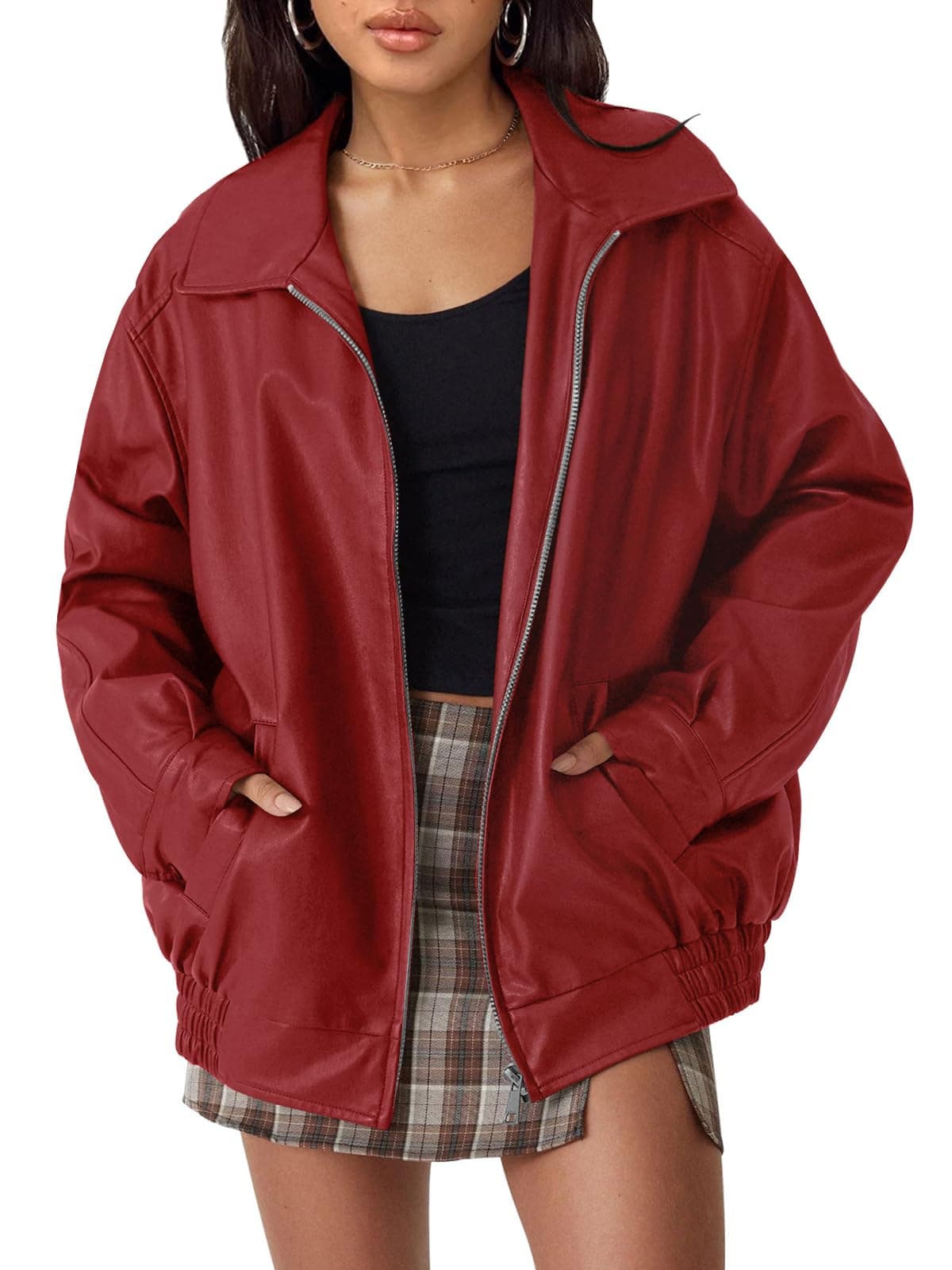 AUTOMET Women's Oversized Faux Leather Jacket - Fall Motorcycle Style Coat with Zipper Closure Red S