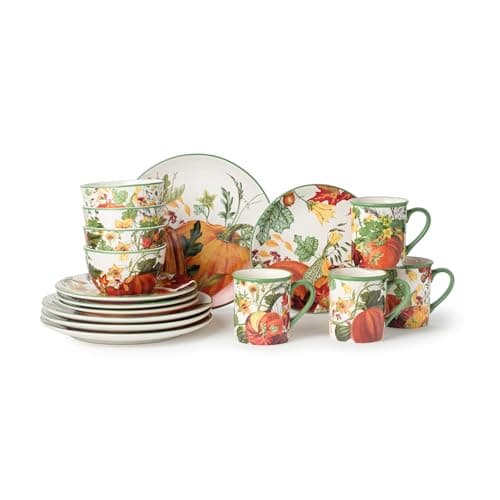 Harvest Fields 16-Piece Ceramic Dinnerware Set, Service for 4 – Rustic Farmhouse Plates, Mugs & Bowls for Cozy Dining & Entertaining