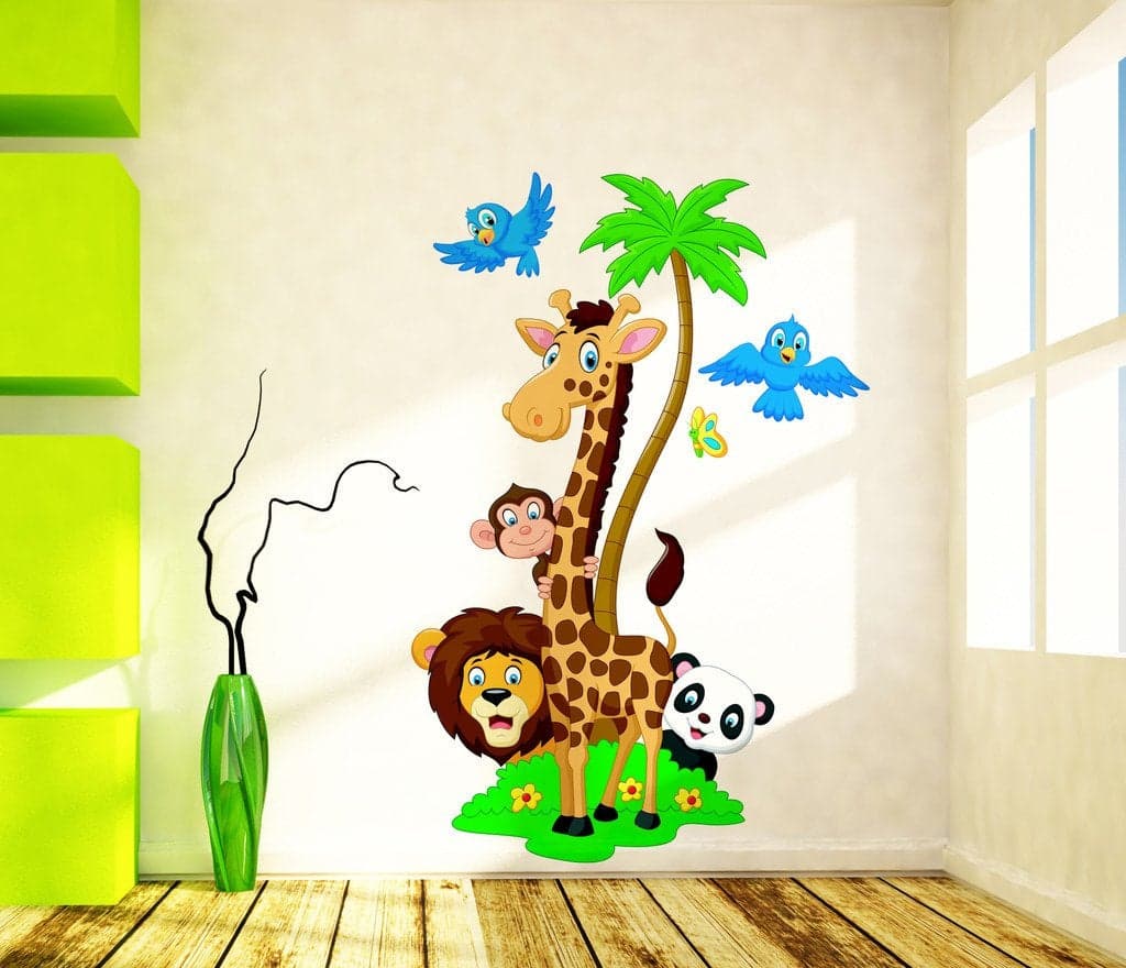 Wallstick ' Jungle Cartoon Cute Animal ' Wall Sticker (Vinyl, 70 cm x 100cm, Multicolor)