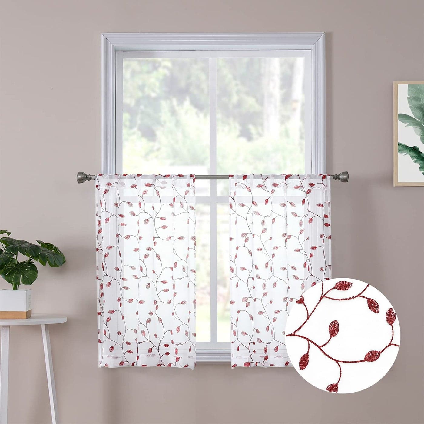 Tollpiz Leaves Sheer Tier Curtain Burgundy Red Leaf Embroidery Kitchen Half Curtains Rod Pocket Voile Faux Linen Embroidered Leaves Curtain for Bathroom 30 x 36 inches Long Set of 2 Panels