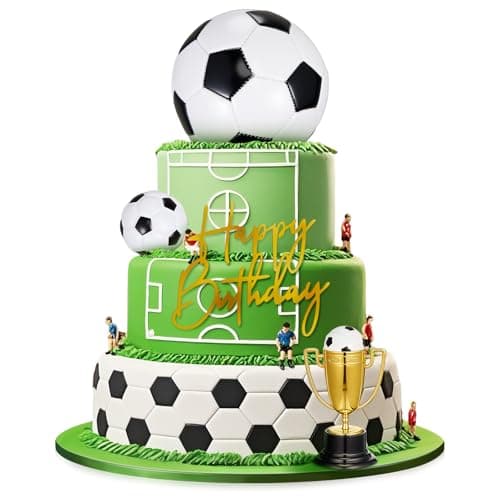 VioraWhite Large Soccer Ball Cake Toppers 8pcs Include 5 Balls of Different Sizes 2 Trophies and 1 Happy Birthday Sign for Cake Decoration Sport Theme Party Ceremony