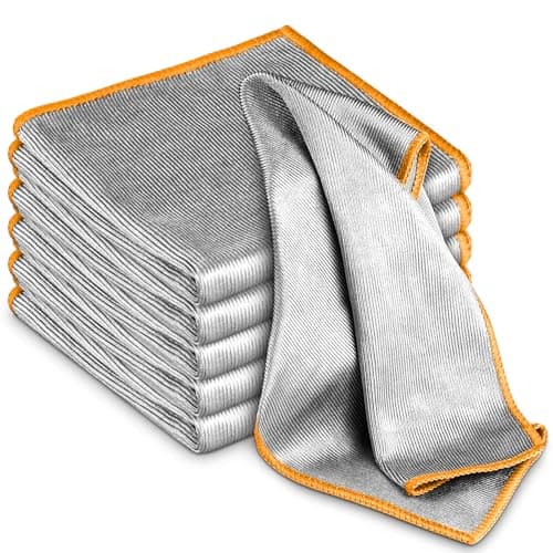 Glass Polishing Cloth Streak Free Miracle Microfiber Cleaning Cloth Lint Free Cleaning Rags for Glasses Kitchen Dish Mirrors Easy Clean, Pack of 6, 12" x 12", Sliver-Orange