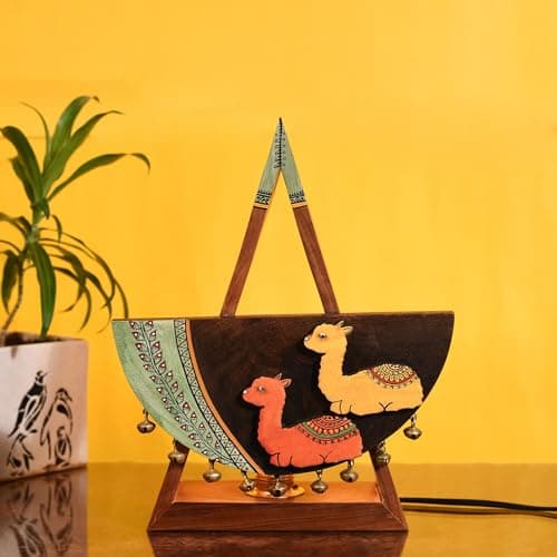 AAKRITI ART CREATIONS Alpaca Motif Handcrafted Wooden Wall Lamp with Floral Art | Artistic Wooden Wall Lamp for Living Room | Bedside, Study, Night Lamp