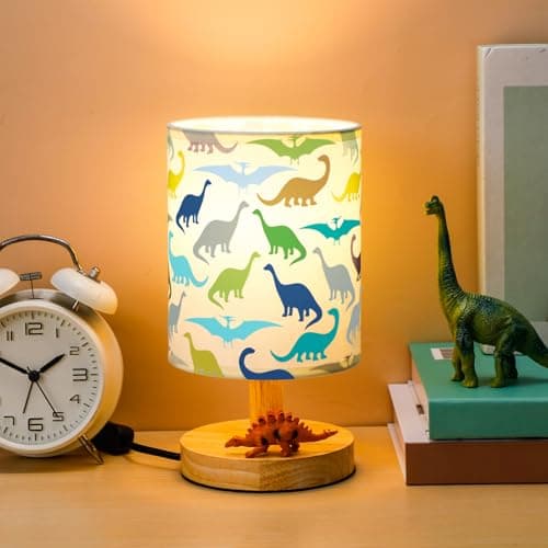 VIHOSE Dinosaur Kids Table Lamp for Bedroom Kids Bedside Lamp with Linen Wooden Nightstand Cartoon Nursery Lampshade for Girls Boys Living Room