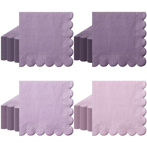 Zhanmai 100 Pack Cocktail Napkins 5 x 5 Inch Scalloped Napkins Beverage Gradient Color Paper with Scalloped Edges Thick Disposable Luncheon for Party Supplies (Purple)