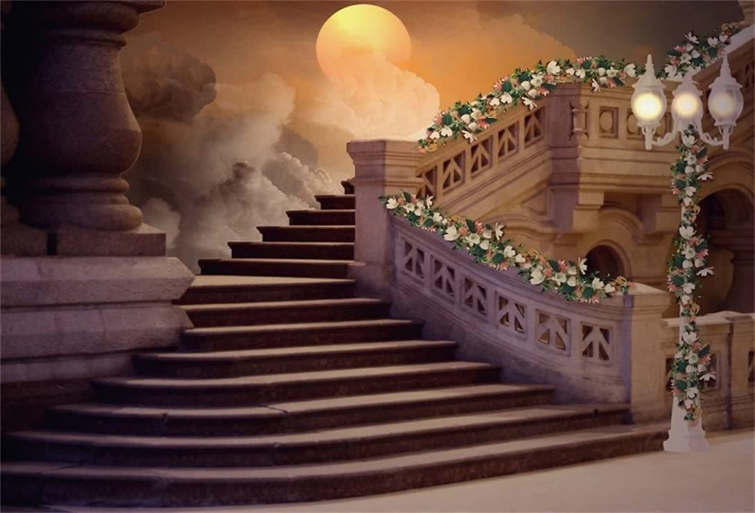 AOFOTO 10x8ft Vintage Stairs Backdrop Romantic Flowers Road Lamp Photo Shoot Background Retro Elegant Wedding Photography Studio Props Adult Lover Artistic Portrait Digital Video Drop Vinyl Wallpaper