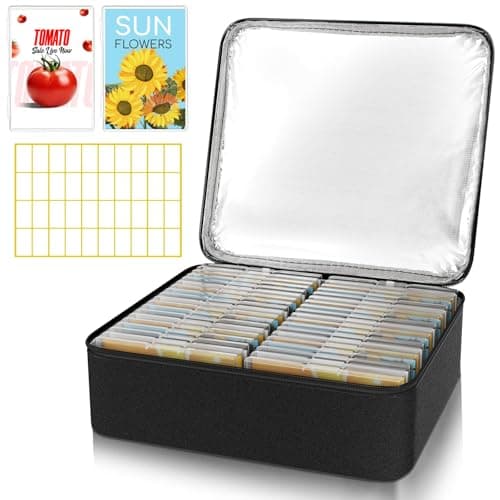 38 Slots Seed Storage Organizer Box with Insulated Bag That Holds 80-200 Seed Envelopes, Oxford Cloth Garden Seed Containers with Labels, Seed Packet Organizer for Plant, Flower ,Vegetable Seeds