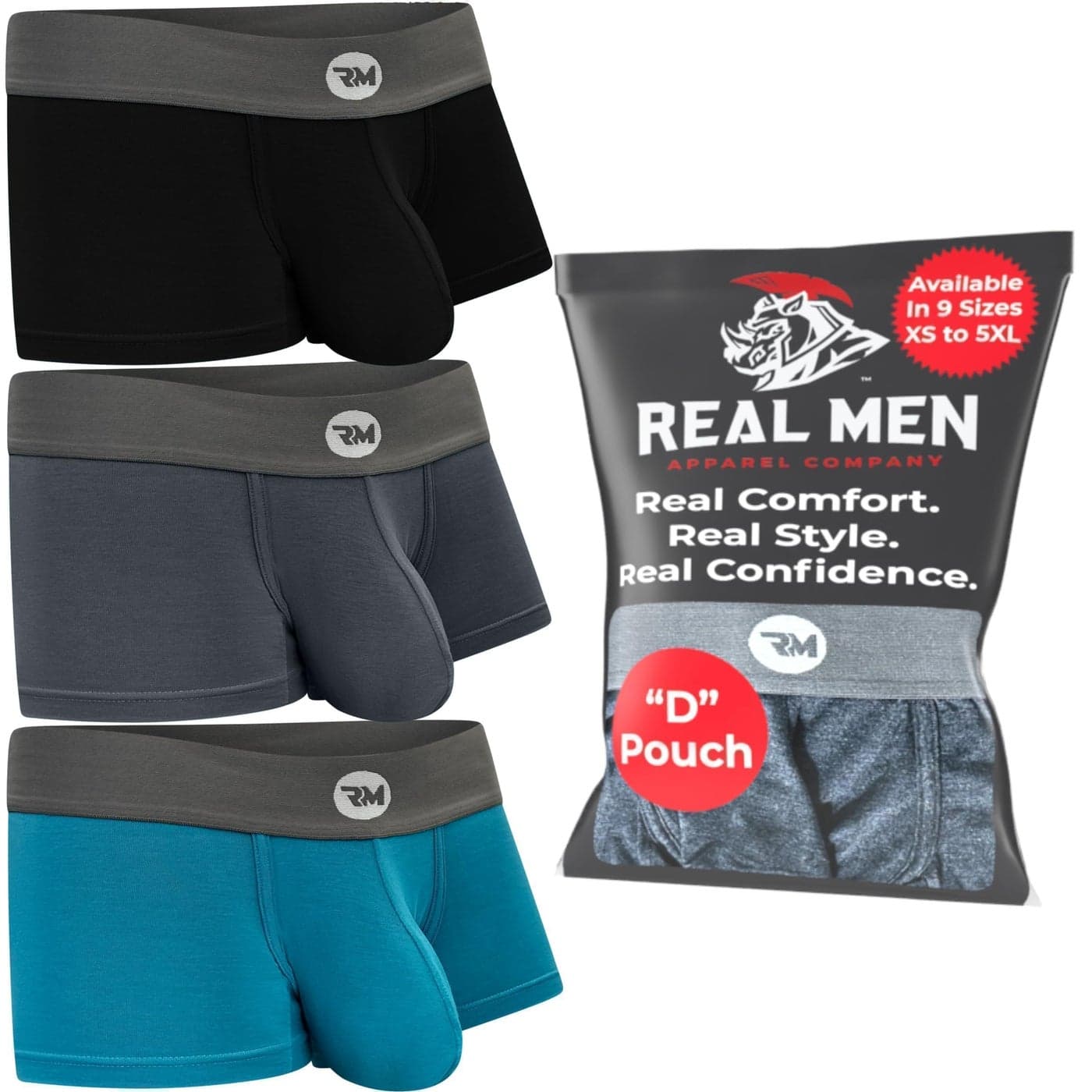Real Men 3in Modal Boxer Briefs D Pouch Lrg 3pk Blk/Blu/Gry Mens Plus Size Sexy Underwear For Men Mens Compression Underwear Men's Boxer Briefs Pouch