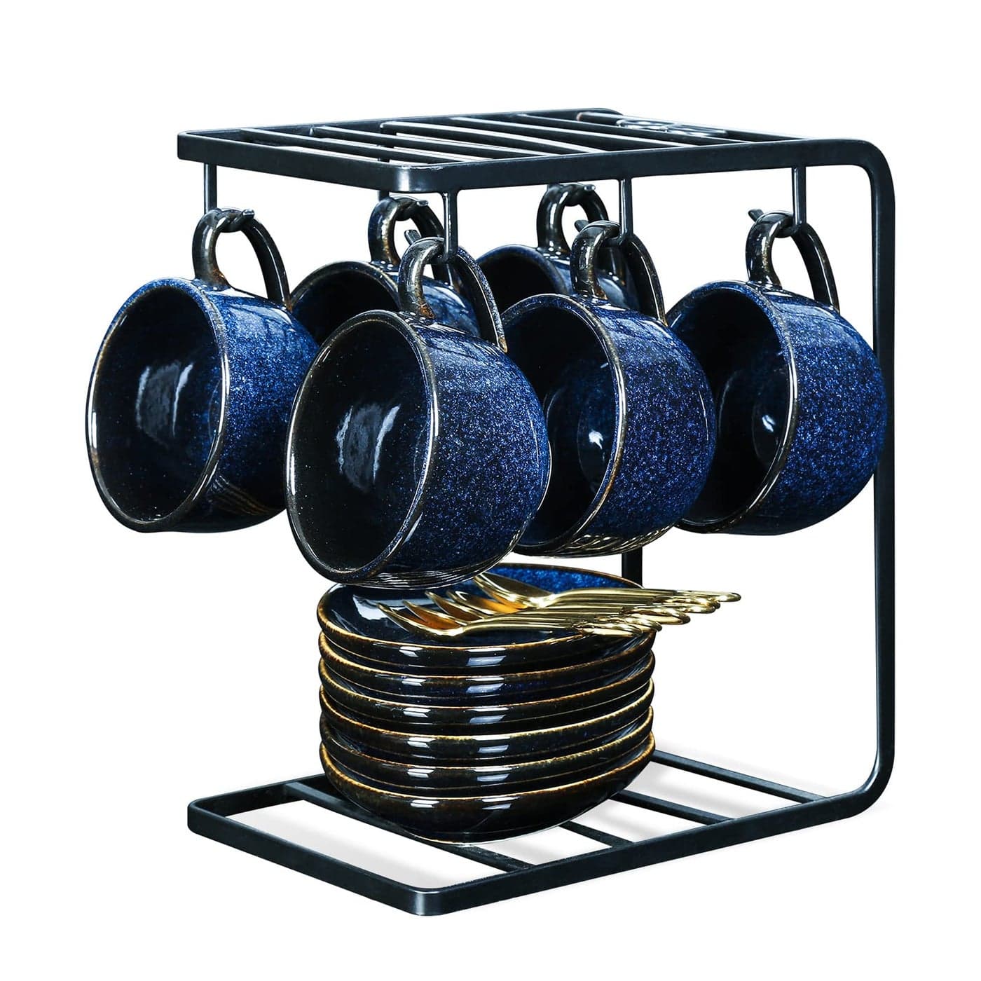 vicrays Ceramic Espresso Coffee Cups Set 4 oz Porcelain Espresso Cups with Saucers Spoons and Metal Stand for Tea Cafe Cappuccino Latte Set of 6 Blue