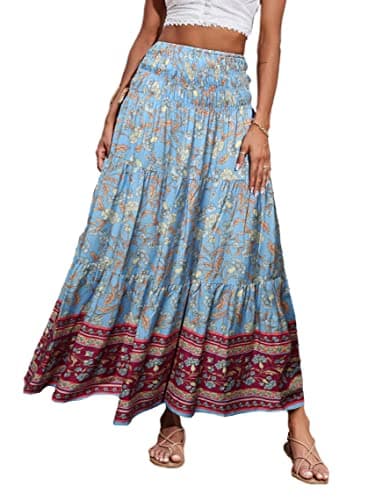 CFLONGE Summer Maxi Skirts for Women 2025 Fashion Boho Long Skirt Trendy Floral High Waist A Line Beach Skirt Vacation Outfit(Blue,Medium)