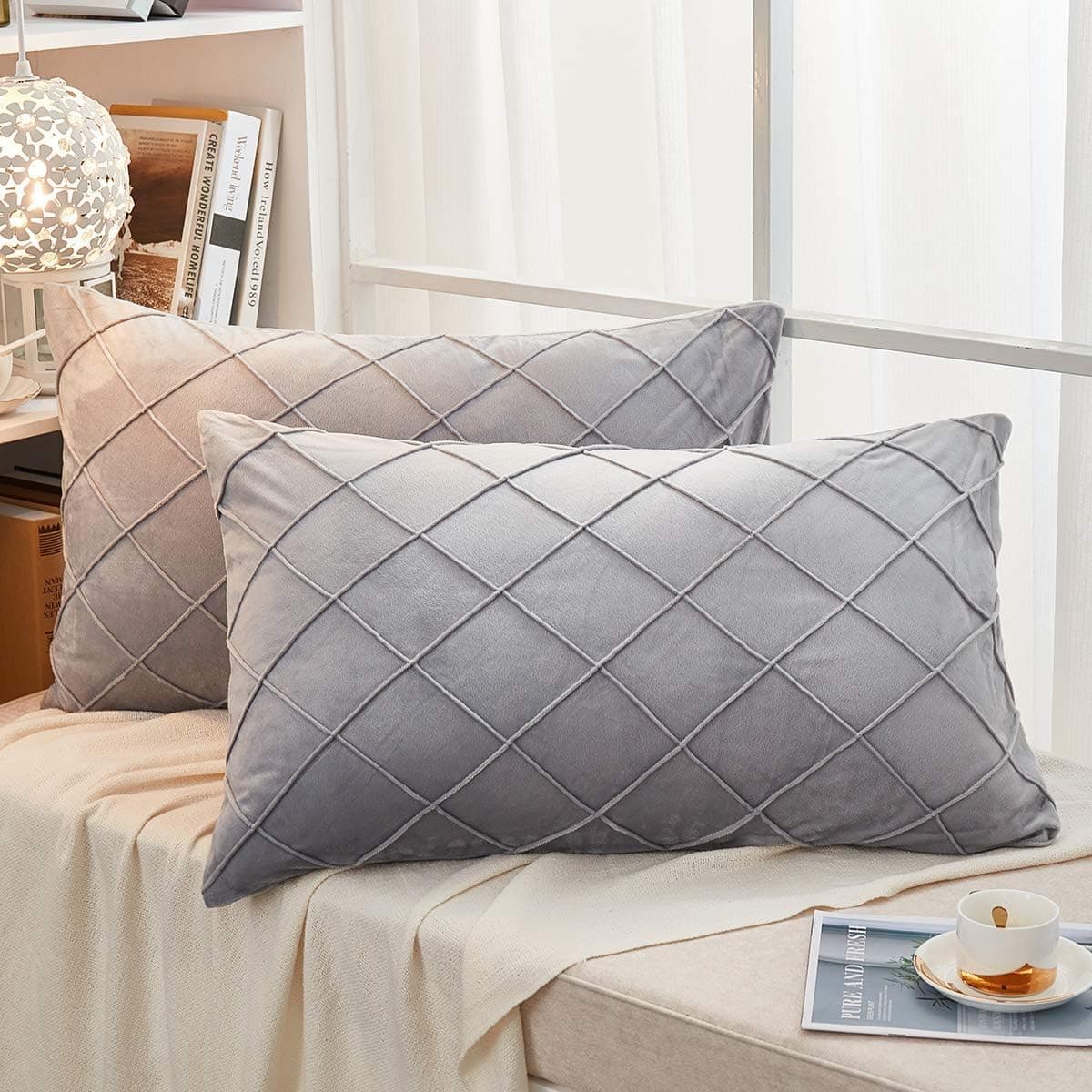 AMICA Luxurious Diamond Pinch Pleated Crystal Velvet Pillowcases Solid Pintuck Throw Cushion Cover for Home Decor Hidden Zipper Closure (Gray, 20'' X 36'' Inch)