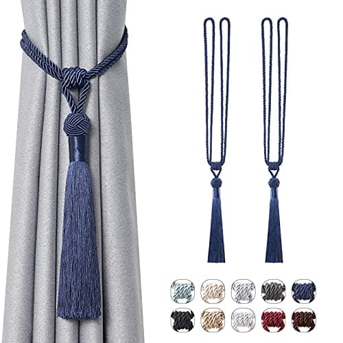 NICEEC 2 Pack Long Tassel Curtain Tiebacks Handmade Braided Rope Knot Drape Tie Backs European Style Decorative Curtain Holdbacks for Home & Office Window Drapery (Dark Blue)