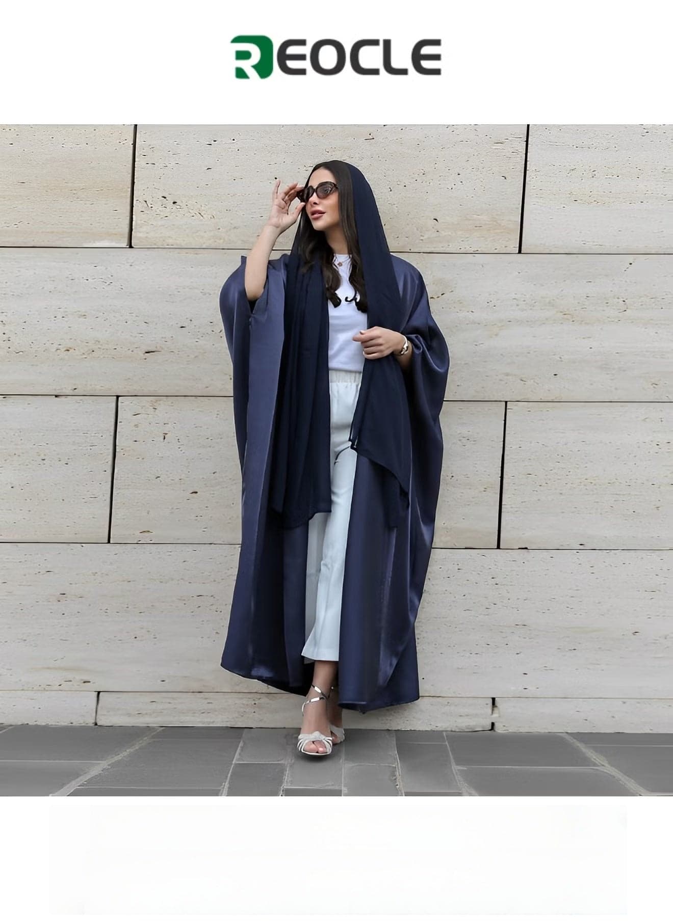 Women's Blue Robe Muslim Robe Trendy Sequined Satin Dolman Sleeve Robe Lightweight Long Satin Robes Loungewear