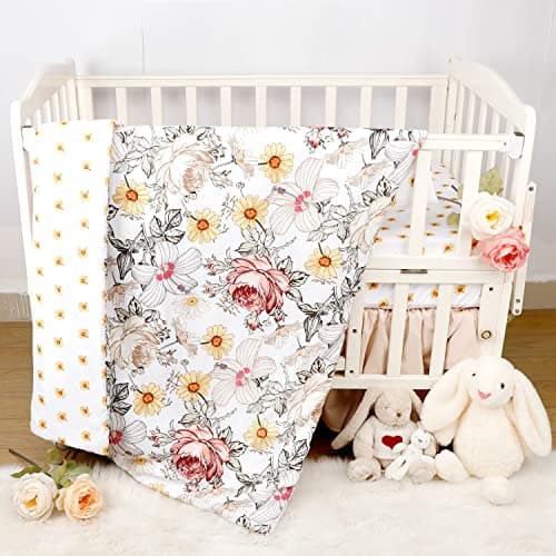 HNHUAMING 4Piece Crib Bedding Set for Girls Boho Baby Girl Bedding Set with Crib Skirt Baby Quilt Crib Sheet and Diaper Stacker Flower