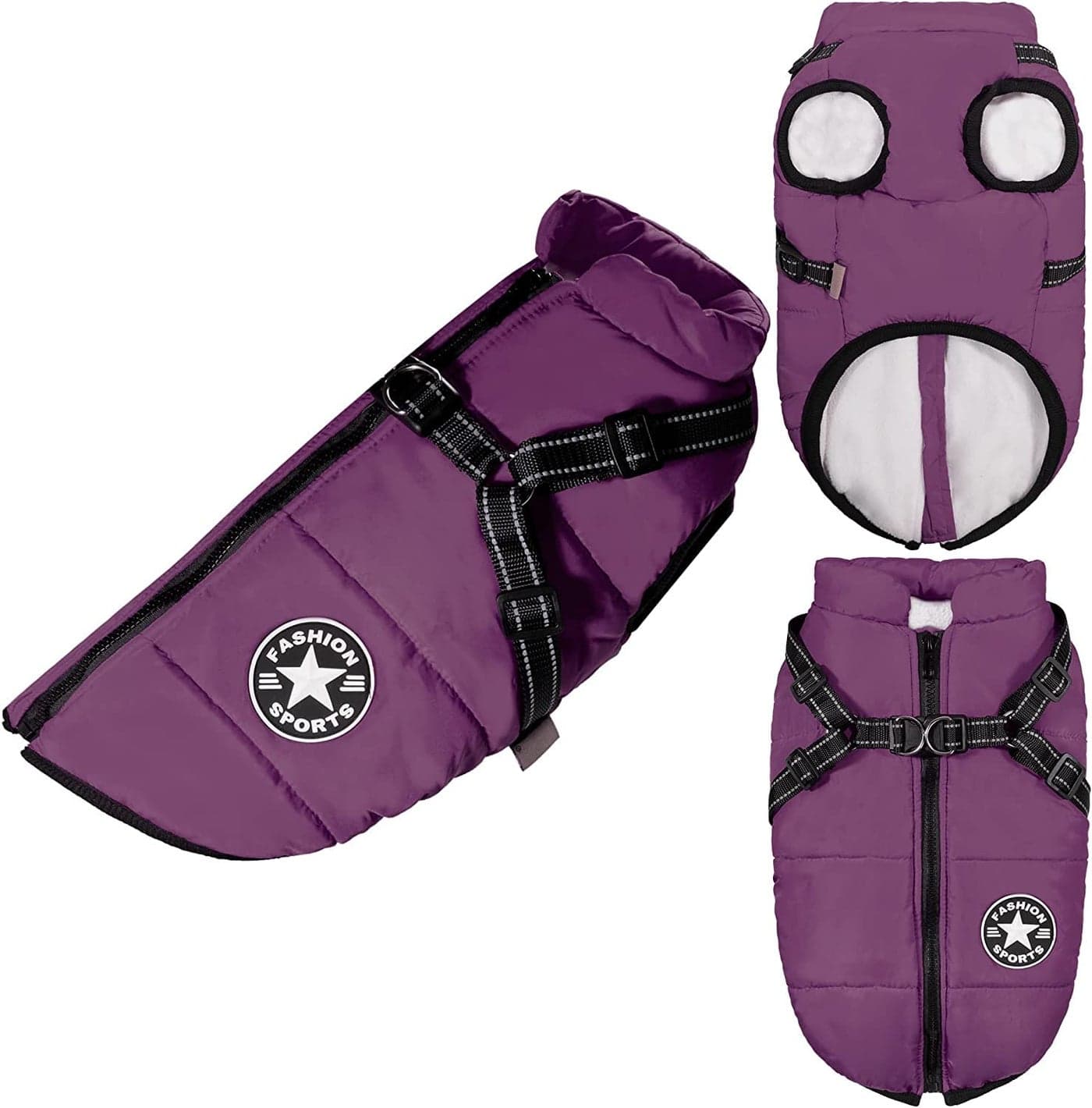 KUTKUT Waterproof Large Dog Coat Jacket with Harness Fleece Winter Puppy Coat Vest Reflective Warm Pet Clothes Costume with Chest Strap Zipper for Large Dogs (Purple, 4XL Chest: 80 Cm),1 Count