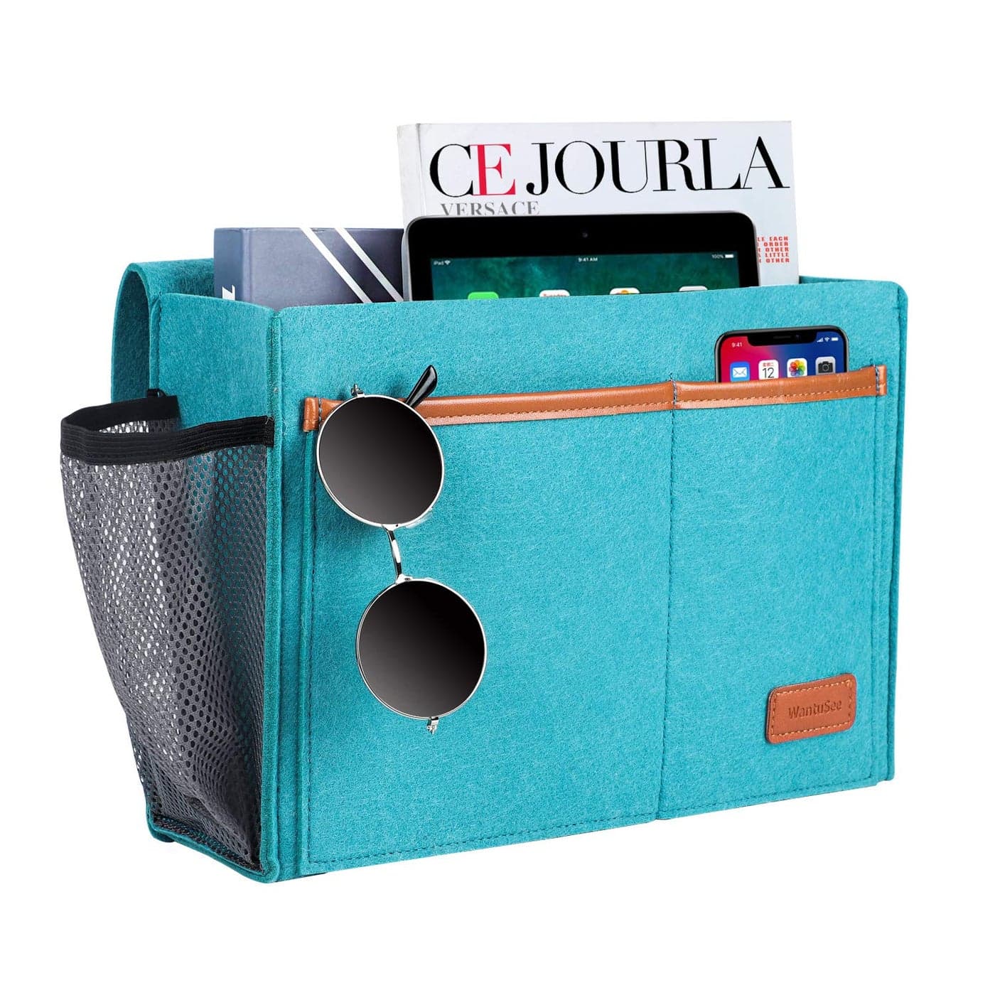WantuSee Bedside Caddy Bed Storage Organizer for Remote Controller Books Magzine Laptop Holder 124 x 86 inch Bedside Hanging Felt Storage Bag for Dorm Bed with 5 Pockets Celadon