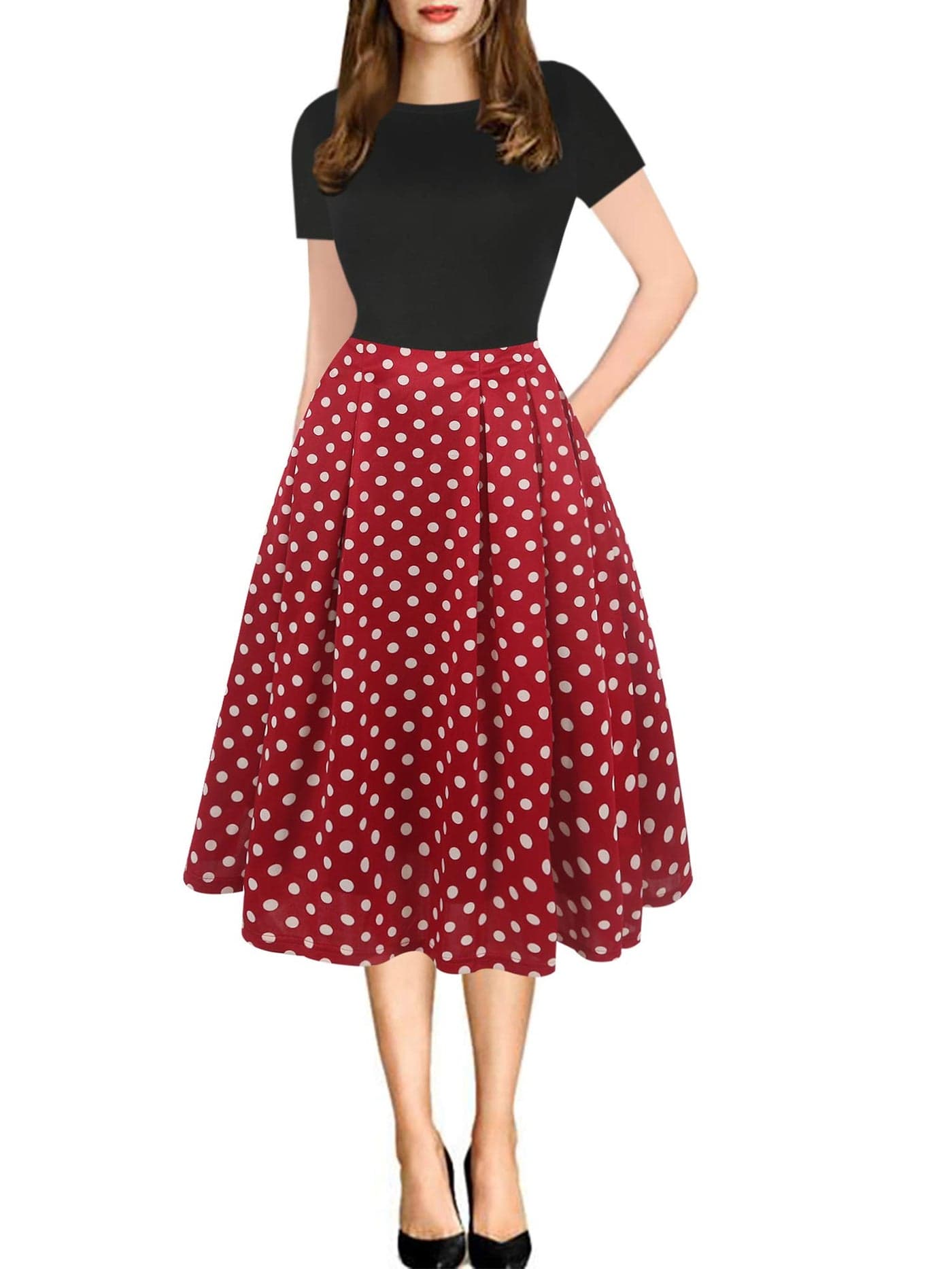 oxiuly Women's Vintage Dresses Patchwork Pockets Puffy Swing Casual Party Dress OX165 (BK-Red dot, x_l)